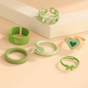Stacker Rings 6 Bundle Rings NEW HEARTS BUTTERFLY GREEN Gold RING BUNDLE 6 PCS